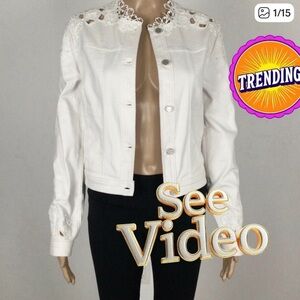👛(ANY 2/$60) ELIE TAHARI Collarless White Denim Jean Style Jacket CutOuts Beads